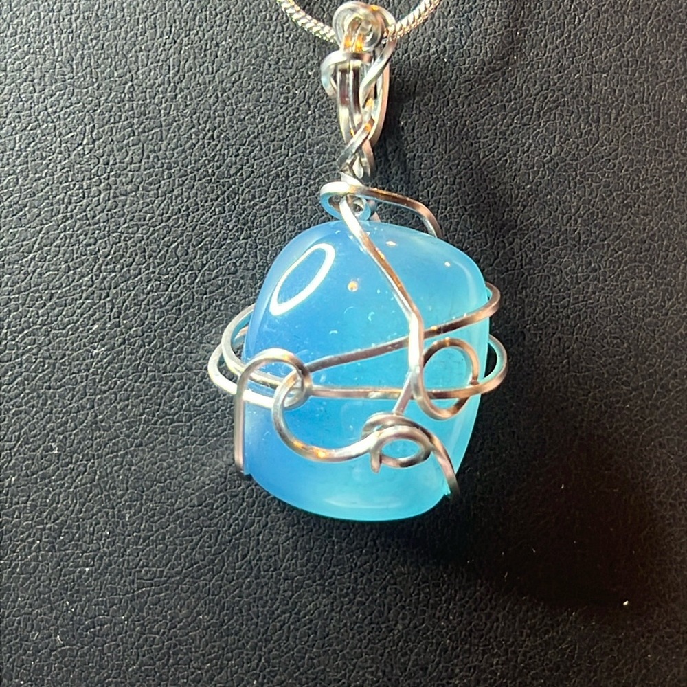 Blue Chalcedony wire wrapped pendant silver chain